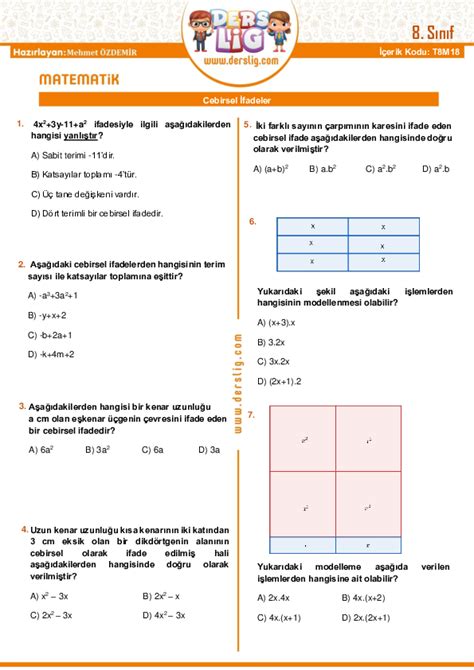 8 sınıf matematik cebirsel ifadeler test pdf